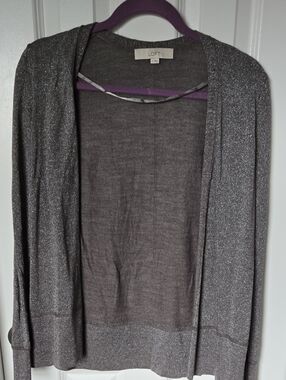 LOFT Gray Silver Metallic Open-Front Cardigan